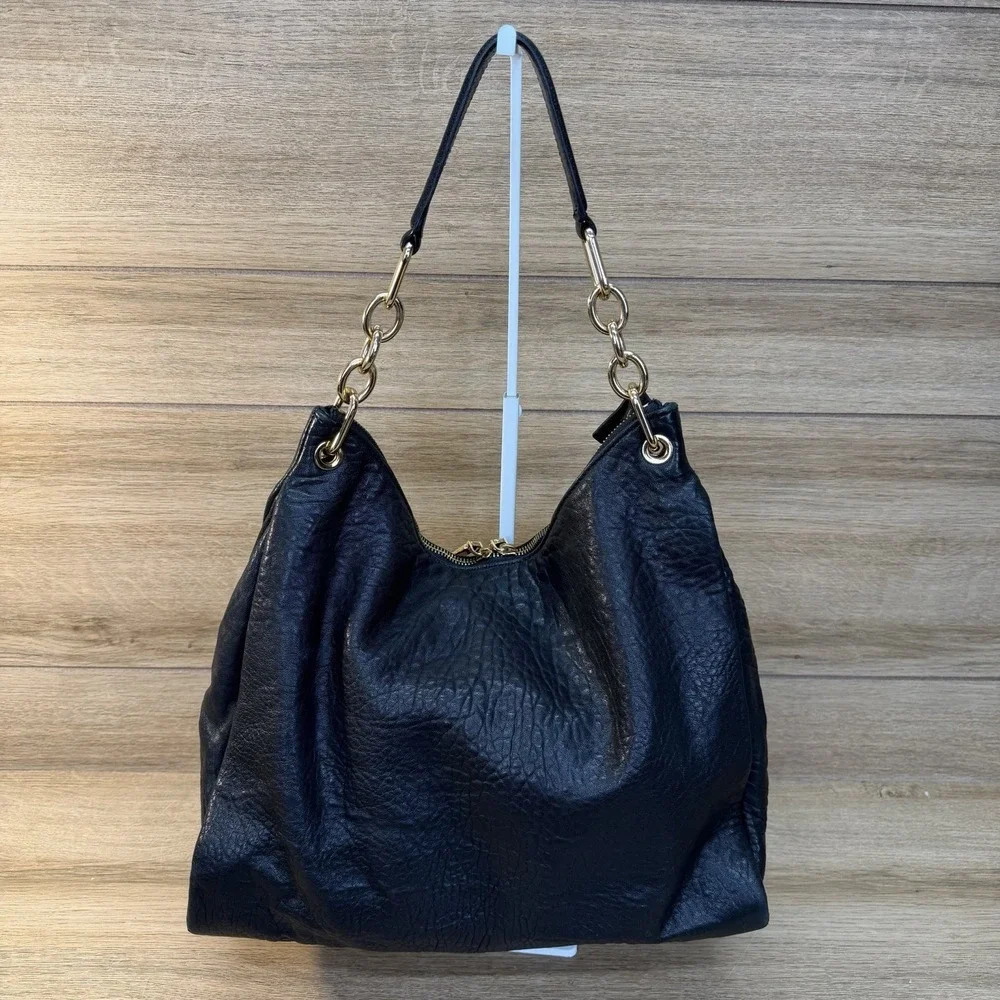 Vince Camuto Black Leather Hobo Bag Slouchy Shoulder Handbag Tumbled Crinkle
